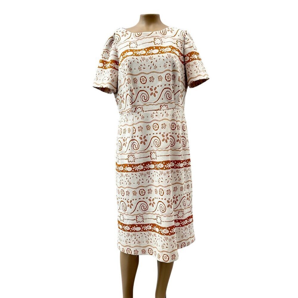 Vintage 1960s Short Sleeve Pineapple Floral Knee Length Shift‎ Dress Zip Women M